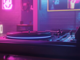 Close-up of a turntable at a vibrant evening party  - ai
