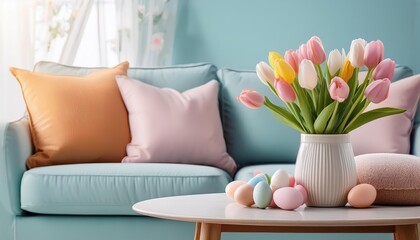 Springtime Delight Vibrant Spring Tulips and Whimsical Easter Eggs Arranged on a Soft Pastel Sofa, Invoking the Spirit of a Cozy Home and Joyful Holiday Season.