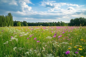 Obraz premium Vibrant Wildflower Meadow Summer Landscape Beautiful Blooming Flowers Green Grass Sunny Day Nature Scenery Rural Field Idyllic Pastoral Vista 