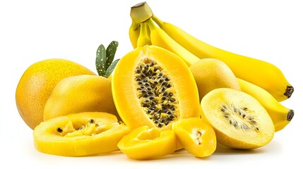 Yellow fruit and vegetables in front of a white