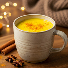 Turmeric latte in mug, cinnamon sticks, star anise, wooden board, warm light