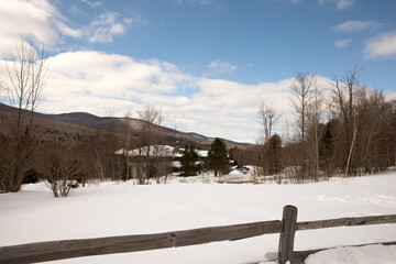 Snow covered landscape on a sunny day with  mountain views in nature 