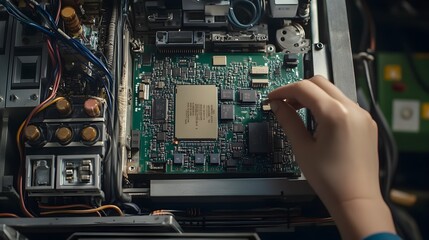 Fototapeta premium Person holding small computer component close-up showcasing intricate details of advanced circuit board technology