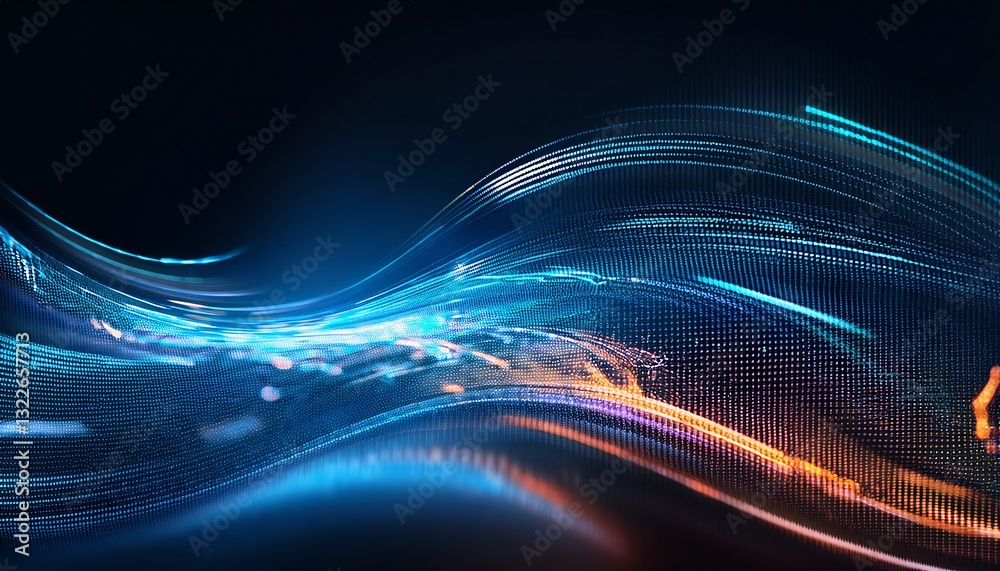 Poster a vibrant wave of digital light and data flows smoothly across a dark background, creating an abstra