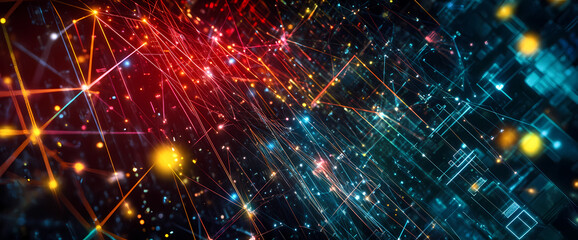 Obraz premium Digital Connections: A vibrant, abstract representation of digital connections, networks, and data flow, weaving together glowing lines and points of light against a dark background.