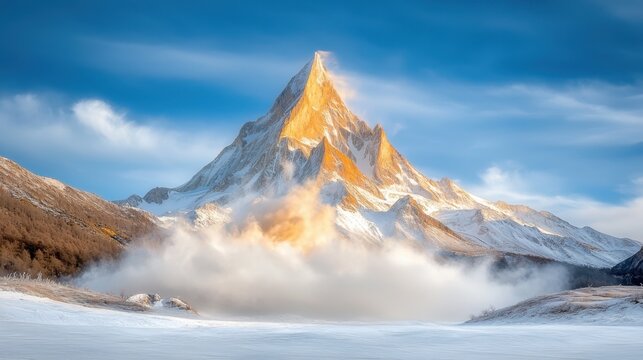 The majestic mountain peak, towering high above the snow covered landscape, was bathed in a golden glow as the sun rose, casting a breathtaking spectacle of light and shadow across the rugged terrain.