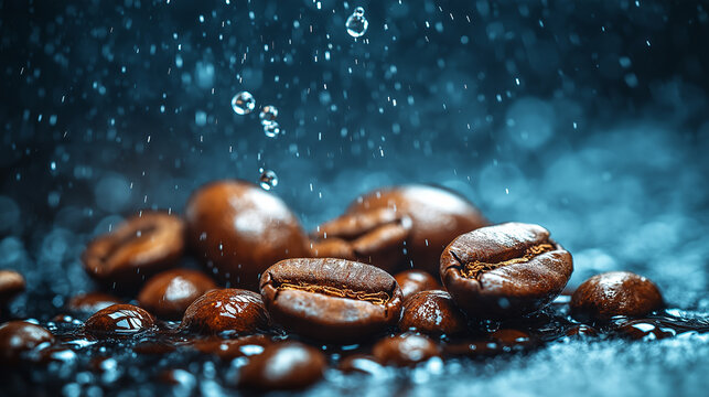 Freshly Roasted Coffee Beans with Rain or Water Splashes.