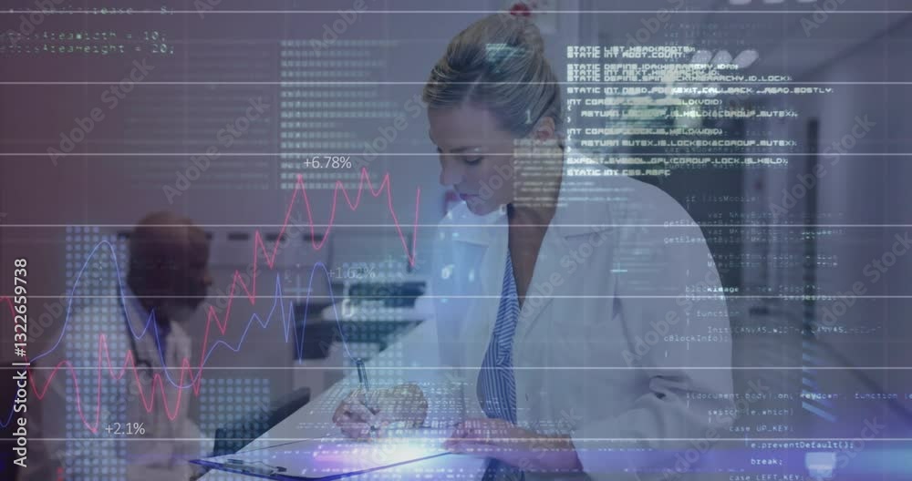 Poster analyzing data with graphs and coding, scientist focusing on animation overlay