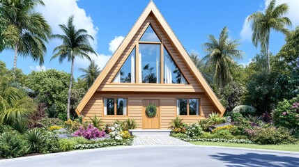 Fototapeta premium A modern triangular house surrounded by lush greenery and colorful flowers, set against a bright blue sky.