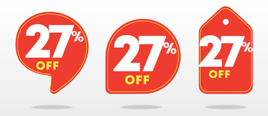 27% discount. Red price tag. Coupon, voucher. Creative design poster, marketing. Sale special offer. Advertising campaign, retail, sticker, announcement. Online shop, value, percent. Set, vector