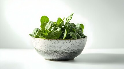 Fototapeta premium Fresh Green Spinach Leaves in a Bowl on White