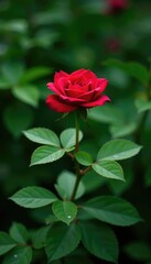 Obraz premium Deep green foliage surrounds a solitary red rose, garden, flora, flowers