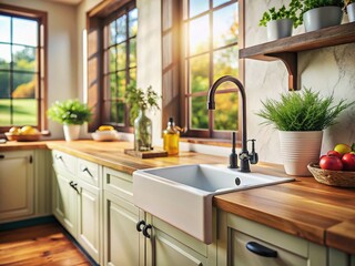 Tilt-Shift Photo: Rustic Kitchen with White Farmhouse Sink, Black Faucet, Wooden Countertop