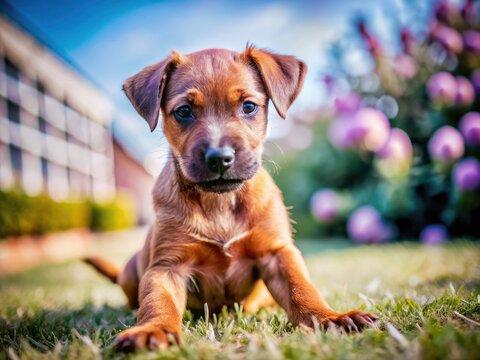 Adorable Patterdale Terrier Puppy, Cute Dog Photo, Grass Background, Sideways Glance, Pet Photography