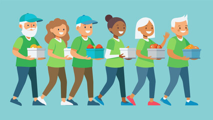 A nonprofit organization organizes volunteers to deliver meals and run errands for elderly residents in their community.. Vector illustration