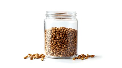 Peanut butter in a glass jar with peanuts