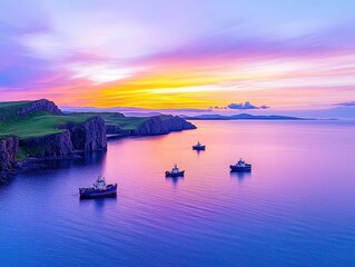 Fototapeta premium Serene sunset over tranquil waters with fishing boats near rugged cliffs