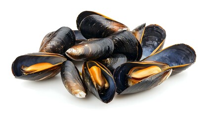 group of boiled mussels in shells isolated