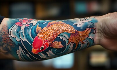 A colorful koi fish tattoo adorns a human forearm gracefully