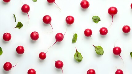 Fresh red organic radishes on white background