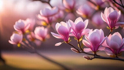 Stunning Pink Magnolias Blossoming in a Lush Garden, Radiating Warmth and Serenity in the Early Afternoon, showcasing Exquisite Petals and Delicate Textures, an Inviting Oasis amidst Natures