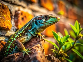 Naklejka premium Urban Decay: Lizard on Crumbling Wall - Stock Photo