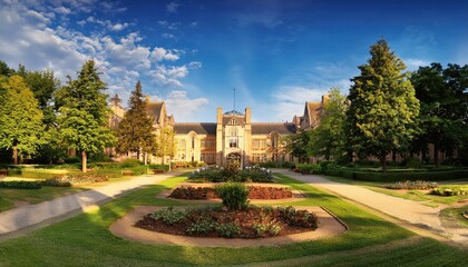 Tranquil Early Morning University Campus, Serene Architecture Blending with Autumnal Hues, Radiating Peaceful Ambiance Amidst Crisp Leaves and Lush Greenery.
