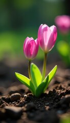 Obraz premium Light pink petals peeking from earthy surface, muted palette, ground, tender shoots