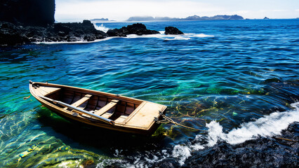 Obraz premium Wooden Boat on Crystal Clear Waters by the Shore, fishing boat