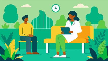 In a waiting room at a doctors office a patient finds peace and relaxation by coloring in a garden scene with shades of green and yellow easing their nerves and reducing stress.. Vector illustration