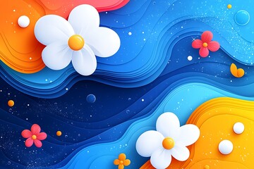 Abstract colorful layered paper scene featuring bright flower elements