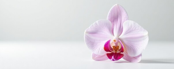 Single delicate orchid bloom on white surface, white background, bloom, orchid