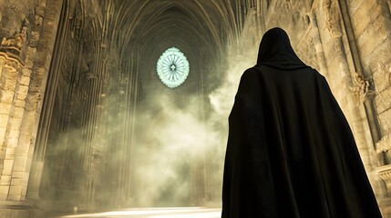 Mystery of the Hooded Figure: Silhouette of a hooded figure, cloaked in darkness, stands before an arched window in an ancient cathedral, creating a scene of mystery and introspection.