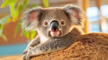 Naklejka premium A small, fluffy koala, with round, innocent eyes and a button nose, smiles sweetly as it clings to its mother's back, nuzzling into her fur with contentment.