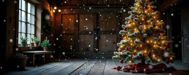 Snowflakes gently fall on rustic Christmas tree in barn with twinkling lights, rustic tree,, cozy