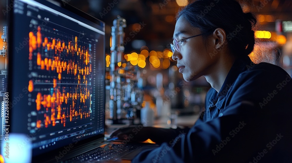 Fototapete A researcher examines complex quantum data on a laptop, highlighting concepts like qubits, superposition, entanglement, and security protocols in a dimly lit lab.