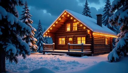 Fototapeta premium Twinkling gold and silver lights along the roof of a winter wonderland cabin, holiday, cabin