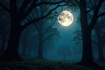 Naklejka premium Twinkling moonlight filters through ancient trees, tree branches, mystic atmosphere