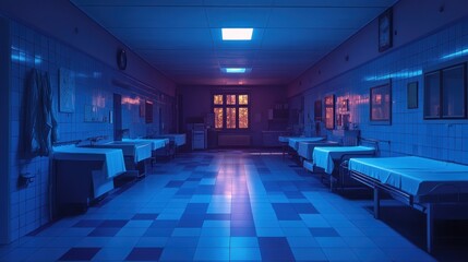 Fototapeta premium Empty Hospital Corridor at Night, Neon Lighting, Beds, Windows