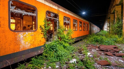 Fototapeta premium A spooky abandoned train station with deteriorating walls, broken windows, and overgrown vegetation creeping in through the cracks, creating a haunting atmosphere inside the dark and empty building.