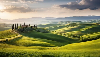 Fototapeta premium Vibrant Tuscan Sunset Over rolling Hills, Cradling Ancient Stone Villages in a Warm Gilded Glow, Chasing Away the Twilights Shadow with its Romantic Brilliance. If the title is below characters