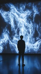 Fototapeta premium An artist standing before a massive 3D projection of their award-winning digital artwork