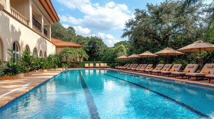 The luxurious swimming pool at the hotel pool resort exudes sophistication with its crystal clear waters, stylish umbrella shading a row of plush lounge chairs lined up along the perimeter