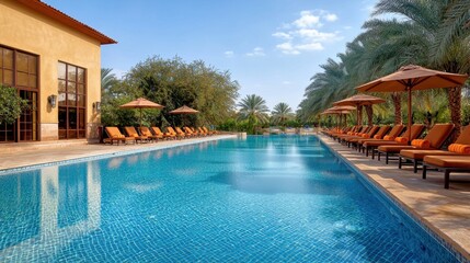 Fototapeta premium The luxurious swimming pool at the hotel pool resort exudes sophistication with its crystal clear waters, stylish umbrella shading a row of plush lounge chairs lined up along the perimeter