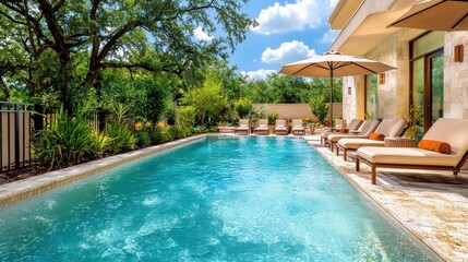 The luxurious swimming pool at the hotel pool resort exudes sophistication with its crystal clear waters, stylish umbrella shading a row of plush lounge chairs lined up along the perimeter