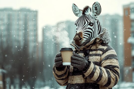 Zoo animal welfare. Happy cute adult animal zebra in winter warm clothes, holding hot beverage with rising steam in paws. Witty animals. Wild animal fund. Zoo awareness campaign. Wild life ad.