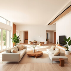 Stylish, Light-Filled Room with Wooden Ceiling, Modern Art, and Potted Plants