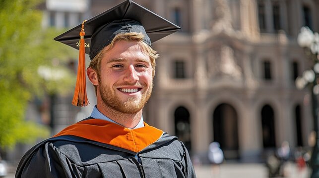 A young man dressed in graduation attire stands beaming in front of a grand historic building on a sunny day, radiating a sense of accomplishment and pride.