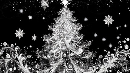 Ornate White Christmas Tree with Snowflakes on Black Background