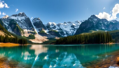 Majestic Mountain Lake Landscape with Snow Capped Peaks and Emerald Water